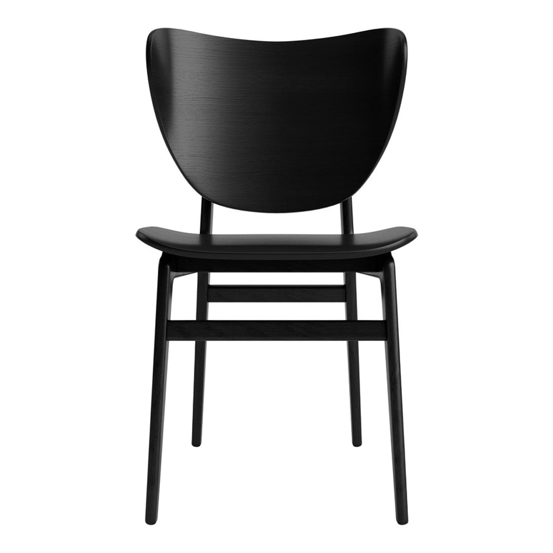 Black wooden chair with a minimalist design and smooth, curved patterns. Ideal for modern décor styles.