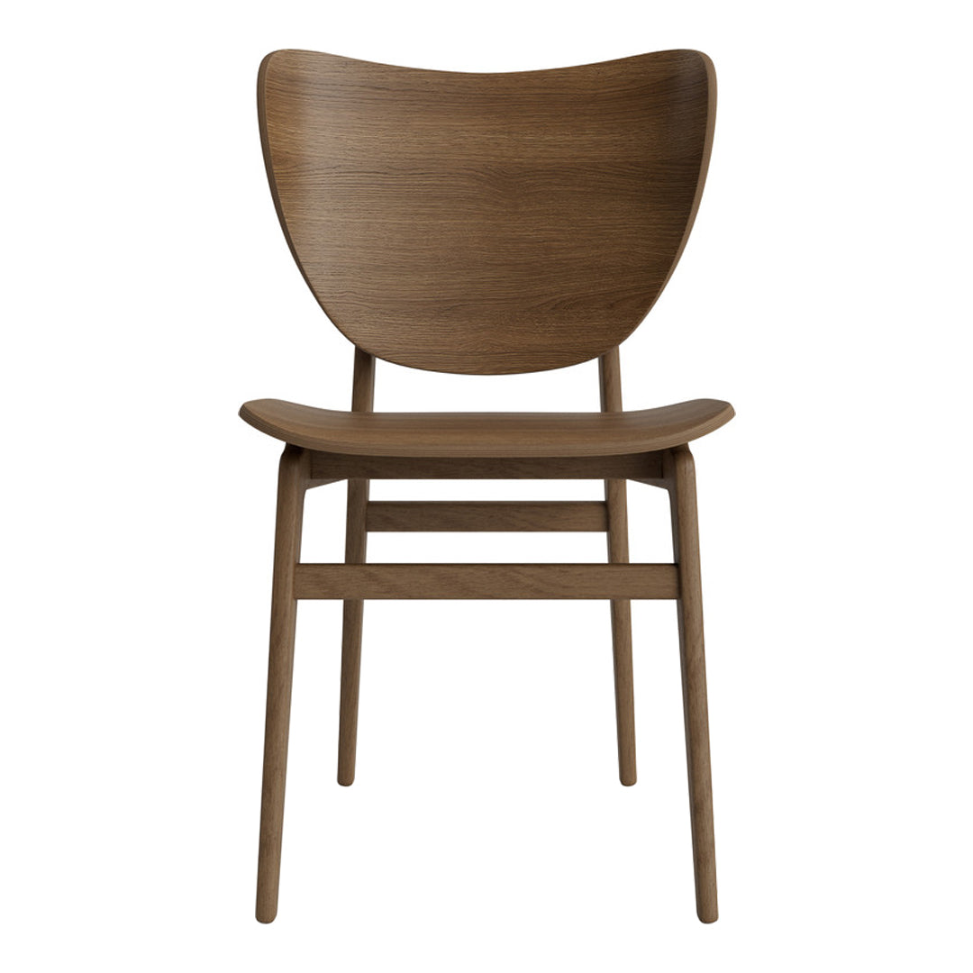 Wooden chair in a rich, warm brown finish with a smooth, minimalist design and curved backrest.
