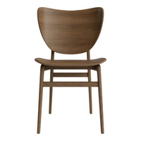 Wooden chair in a rich, warm brown finish with a smooth, minimalist design and curved backrest.