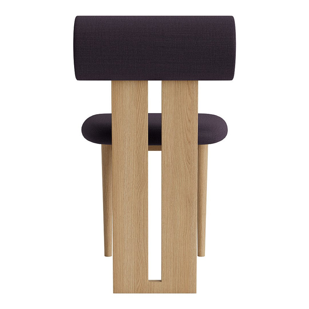 Modern chair featuring a dark purple upholstered backrest and natural wood legs with a minimalist cut-out design.