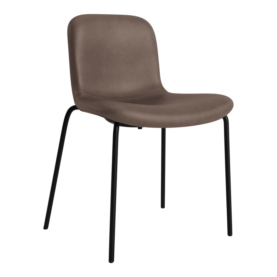 Brown upholstered chair with smooth curves and black metal legs, perfect for modern decor.