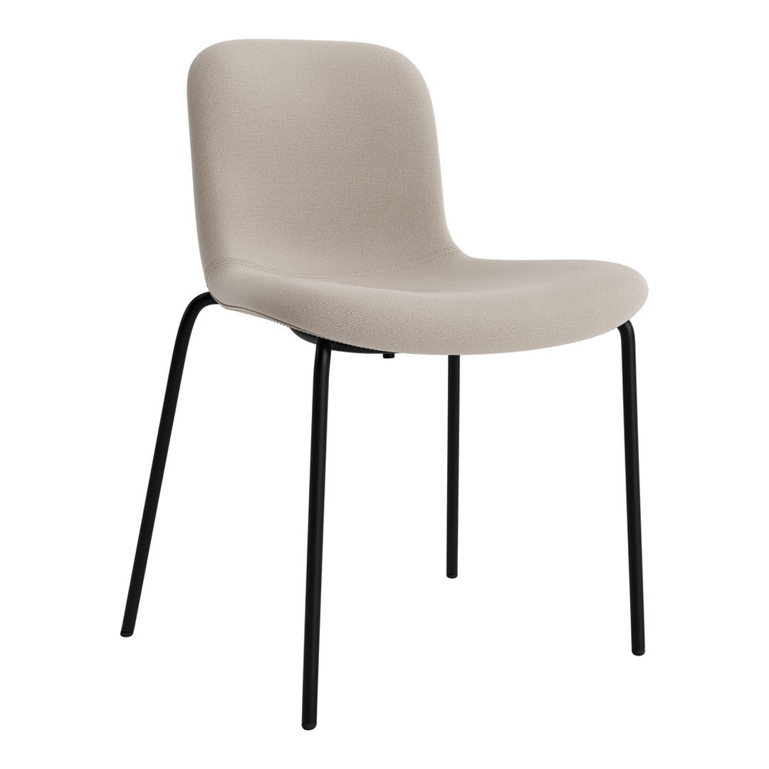 Beige upholstered chair with sleek black metal legs, featuring a minimalist design and smooth, curved edges.