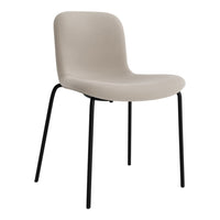 Beige upholstered chair with sleek black metal legs, featuring a minimalist design and smooth, curved edges.
