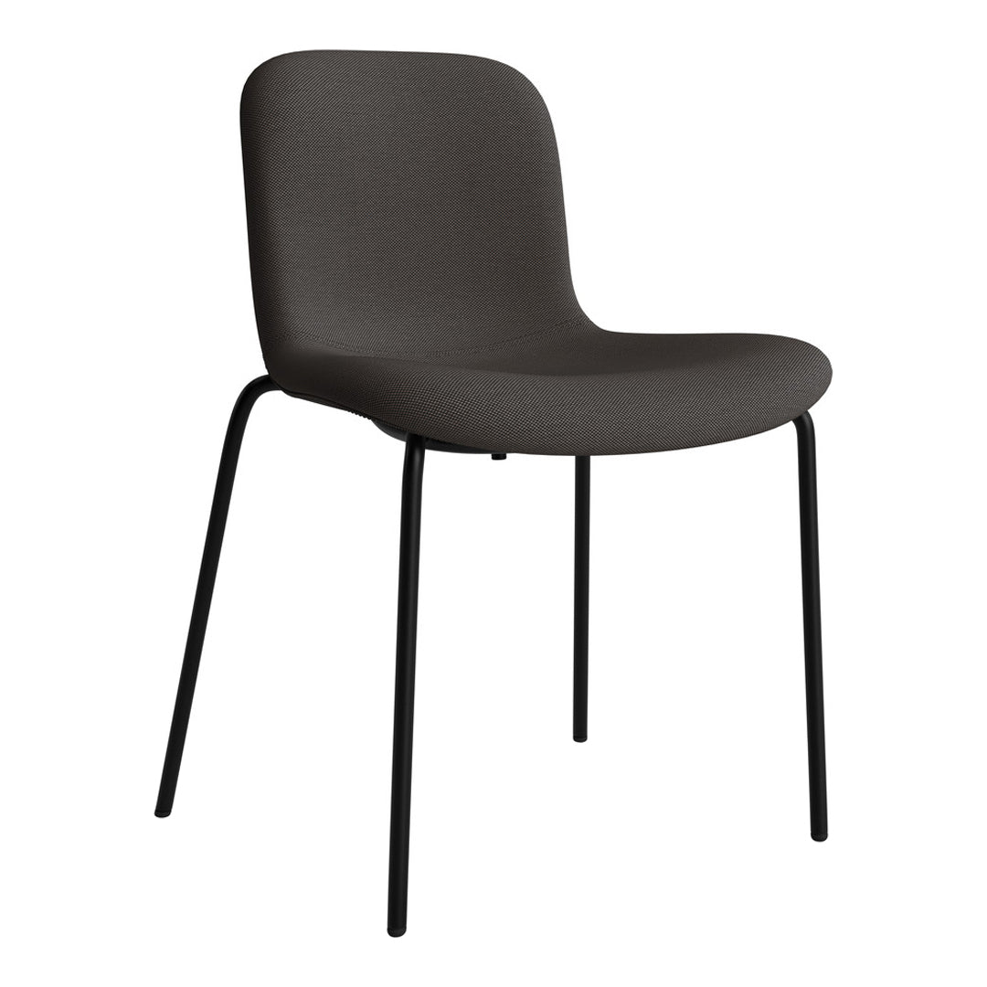 Stylish gray chair with a smooth, curved seat and sleek black metal legs, perfect for modern interiors.