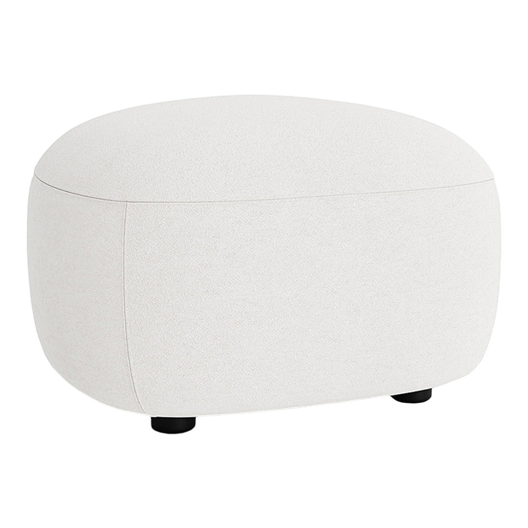 White upholstered ottoman with a smooth, rounded shape and black legs, perfect for minimalist décor.