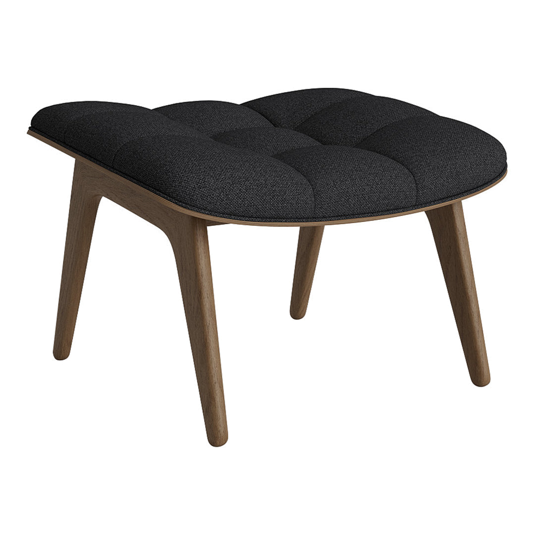 Black upholstered ottoman with tufted pattern and natural wood legs, adding a modern touch to any space.