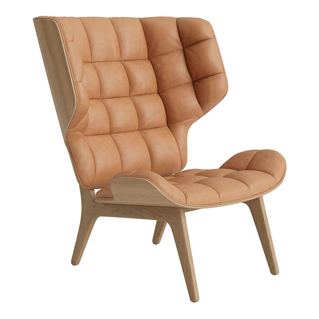 Tan tufted leather chair with a sleek wooden frame and modern, sculptural design.