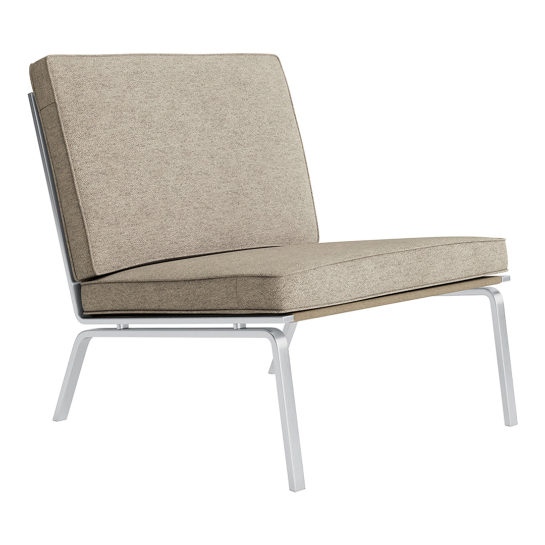 Beige upholstered chair with a minimalist design and silver metal frame. Smooth, modern lines for a contemporary look.