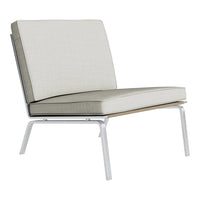 Light gray fabric lounge chair with a sleek white metal frame and wooden accents, featuring a minimalist design.