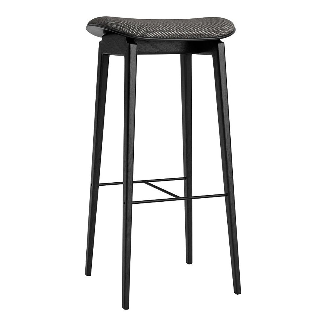 Black bar stool with a sleek, matte finish and textured seat cover in dark gray for modern decor.