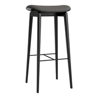 Black bar stool with a sleek, matte finish and textured seat cover in dark gray for modern decor.