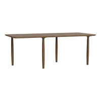 Rectangular wooden dining table in a rich brown finish with smooth edges and tapered legs. Perfect for modern decor.