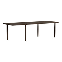 Elegant dark wood dining table with a smooth finish and minimalist design, featuring slender, tapered legs.