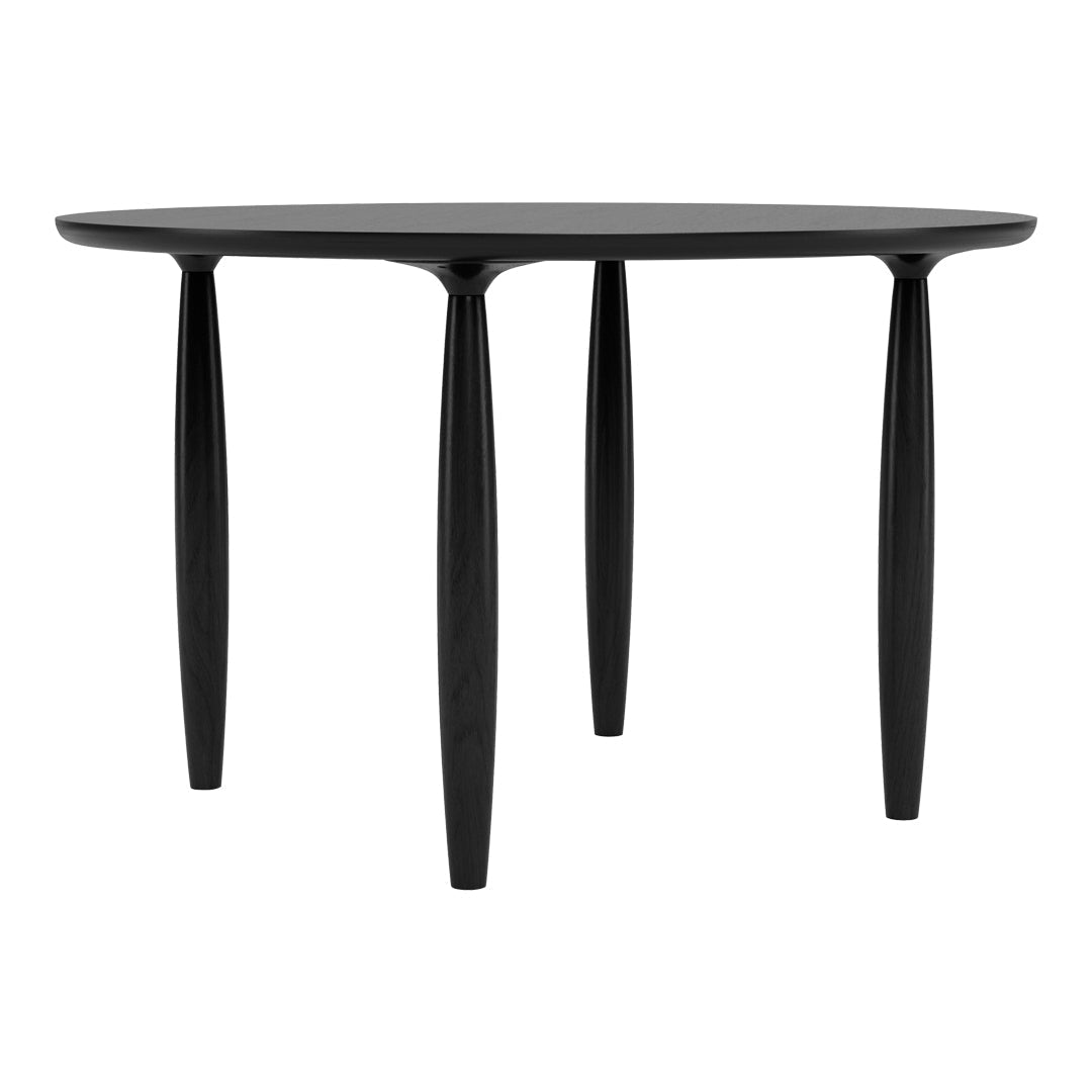 Round black dining table with sleek, smooth finish and elegant tapered legs. Modern design perfect for any decor.