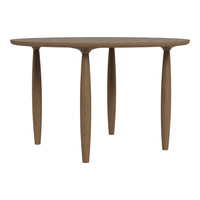 Round wooden table with a smooth, natural finish and four tapered legs in a warm brown hue. Minimalist design.