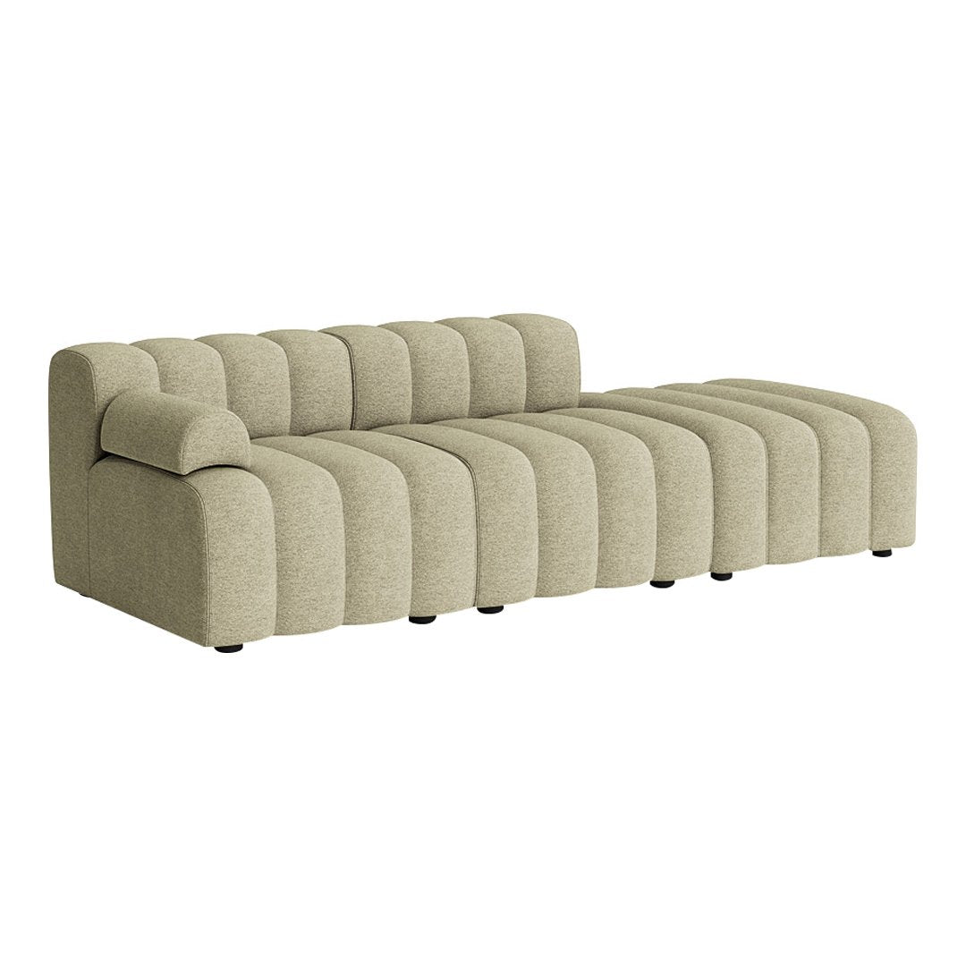Beige curved sofa with tufted design and striped pattern, perfect for modern living spaces.