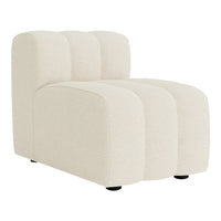 Cream-colored curved chair with a soft, textured finish and subtle ribbed pattern. Ideal for modern decor.