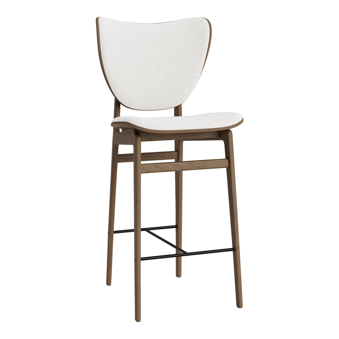 White and brown wooden bar stool with a sleek, minimalist design and smooth curves, perfect for modern interiors.