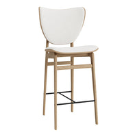 Modern white wooden bar stool with a sleek design and natural wood finish, featuring minimalistic lines and soft curves.