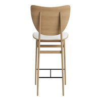 Natural wood bar stool with a white seat and minimalist design, featuring clean lines and a subtle finish.