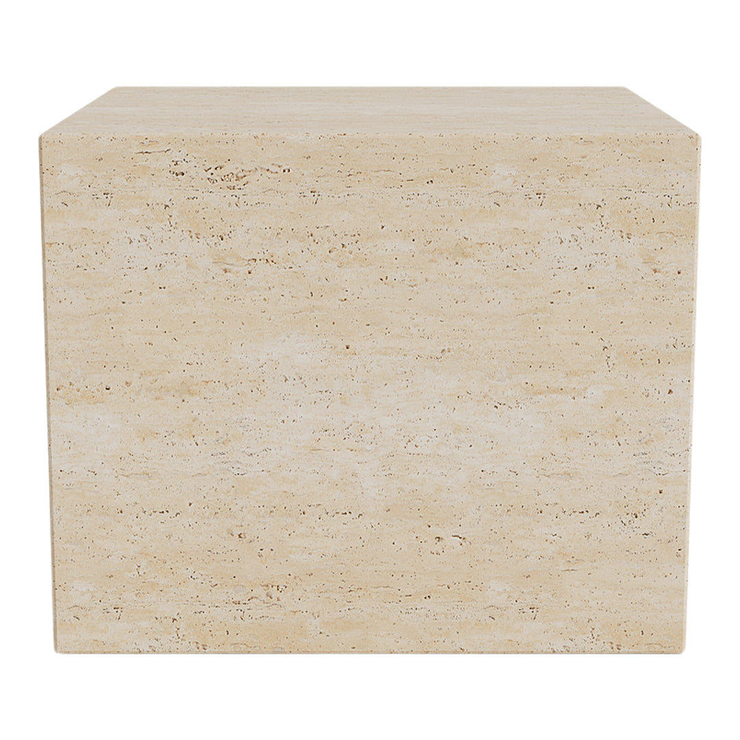 Beige stone cube with a textured surface, showcasing natural patterns and a smooth finish. Ideal for modern decor.