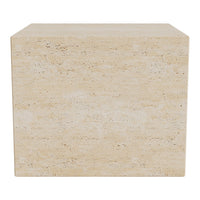 Beige stone cube with a textured surface, showcasing natural patterns and a smooth finish. Ideal for modern decor.