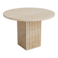 Light cream round table with a textured pattern and vertical ribbed design base. Elegant and modern aesthetic.