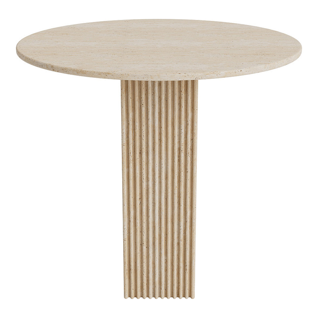 Round beige tabletop with vertical ribbed texture base, showcasing a soft, neutral color palette.