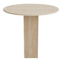 Round beige tabletop with vertical ribbed texture base, showcasing a soft, neutral color palette.