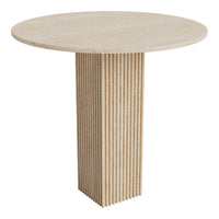 Round beige table with a ribbed wood pedestal base, featuring a smooth tabletop and vertical grooves.