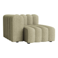 Beige curved sofa with smooth, textured upholstery and wavy design. Perfect for modern living spaces.
