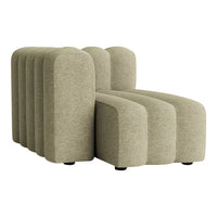 "Beige curved sofa with soft, textured fabric and minimalist design, perfect for modern interiors."