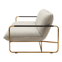 Light gray upholstered sofa with black metal arms and a sleek gold frame, featuring a modern minimalist design.