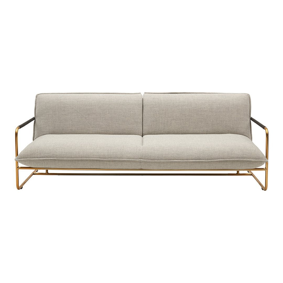 Modern light gray sofa with smooth upholstery and sleek gold metal frame, showcasing minimalist design.