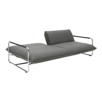 Modern gray sofa with sleek chrome legs, featuring a minimalist design and soft, smooth upholstery.