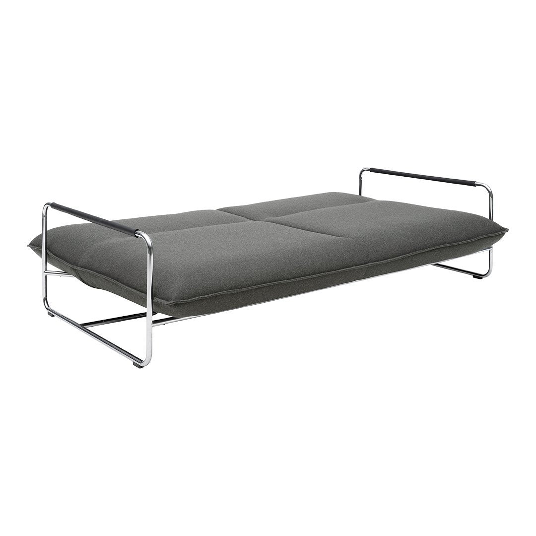 Gray upholstered daybed with a sleek chrome frame and minimalist design, featuring a clean, modern aesthetic.