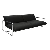 Black fabric sofa with a sleek chrome frame and minimalist design, perfect for modern home decor.