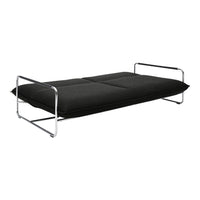 Black upholstered sofa bed with sleek chrome frame and minimalist design, featuring a smooth, solid color pattern.