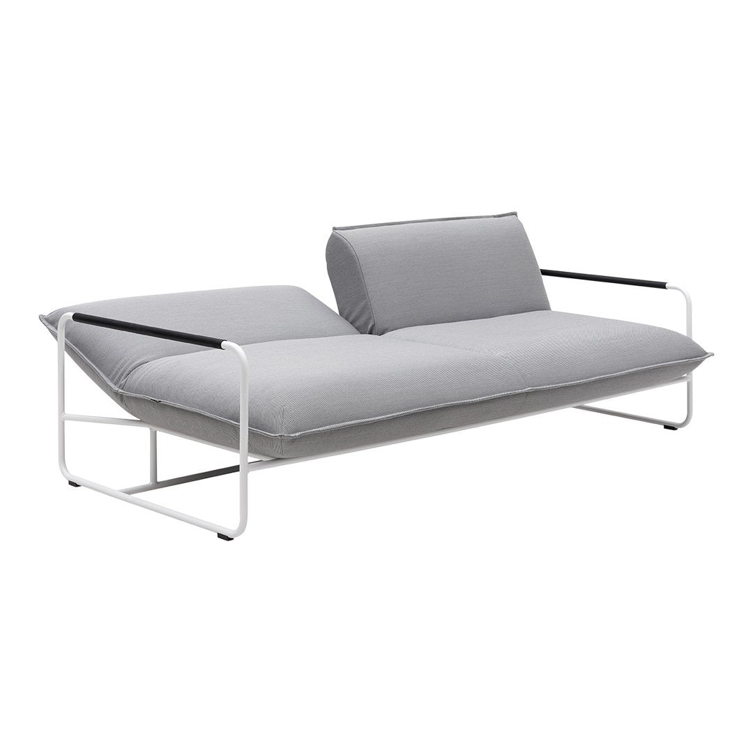 Modern gray fabric sofa with a white metal frame and black arm accents, featuring a sleek minimalist design.