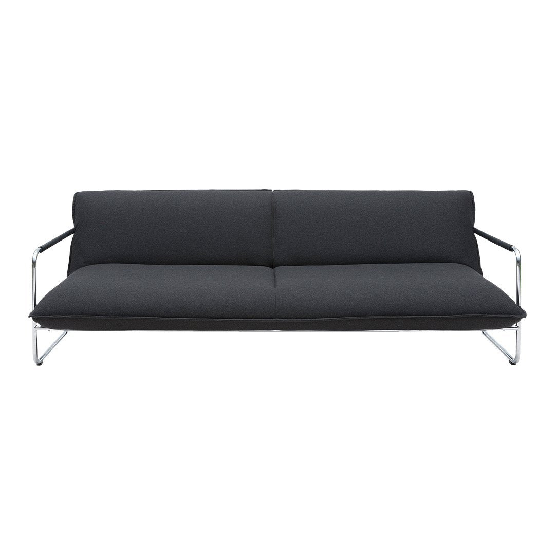 Modern black sofa with a sleek chrome frame and minimalist design, featuring a smooth, solid fabric pattern.