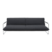 Modern black sofa with a sleek chrome frame and minimalist design, featuring a smooth, solid fabric pattern.