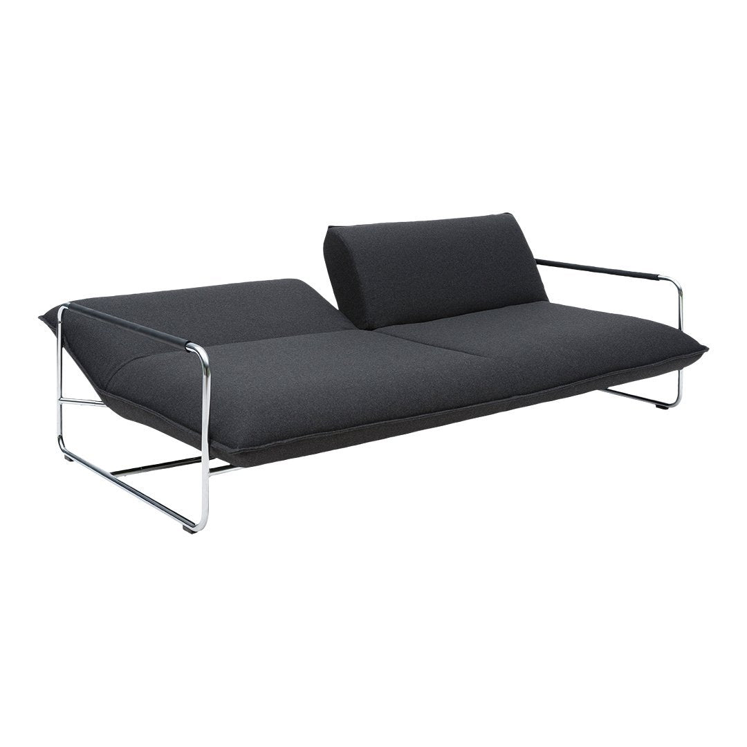 Modern grey fabric sofa with a sleek chrome frame and minimalist design, featuring clean lines and a simple aesthetic.