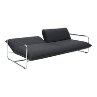 Modern grey fabric sofa with a sleek chrome frame and minimalist design, featuring clean lines and a simple aesthetic.