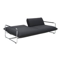 Modern black fabric sofa with a sleek chrome frame; minimalist design, perfect for contemporary spaces.