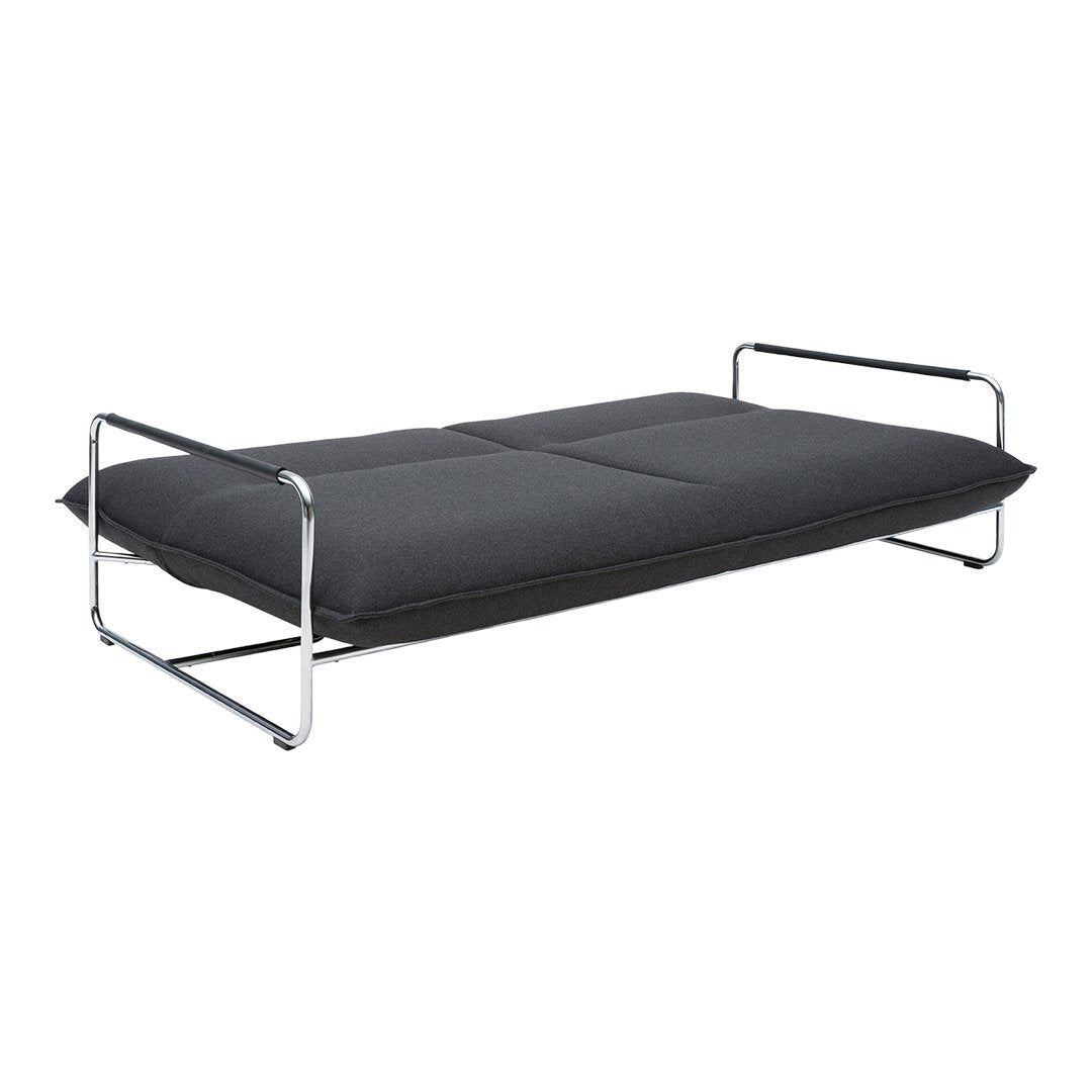 Sleek black fabric sofa bed with a modern chrome frame, featuring a minimalist design and smooth surface.