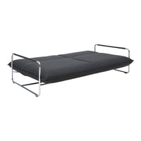 Sleek black fabric sofa bed with a modern chrome frame, featuring a minimalist design and smooth surface.