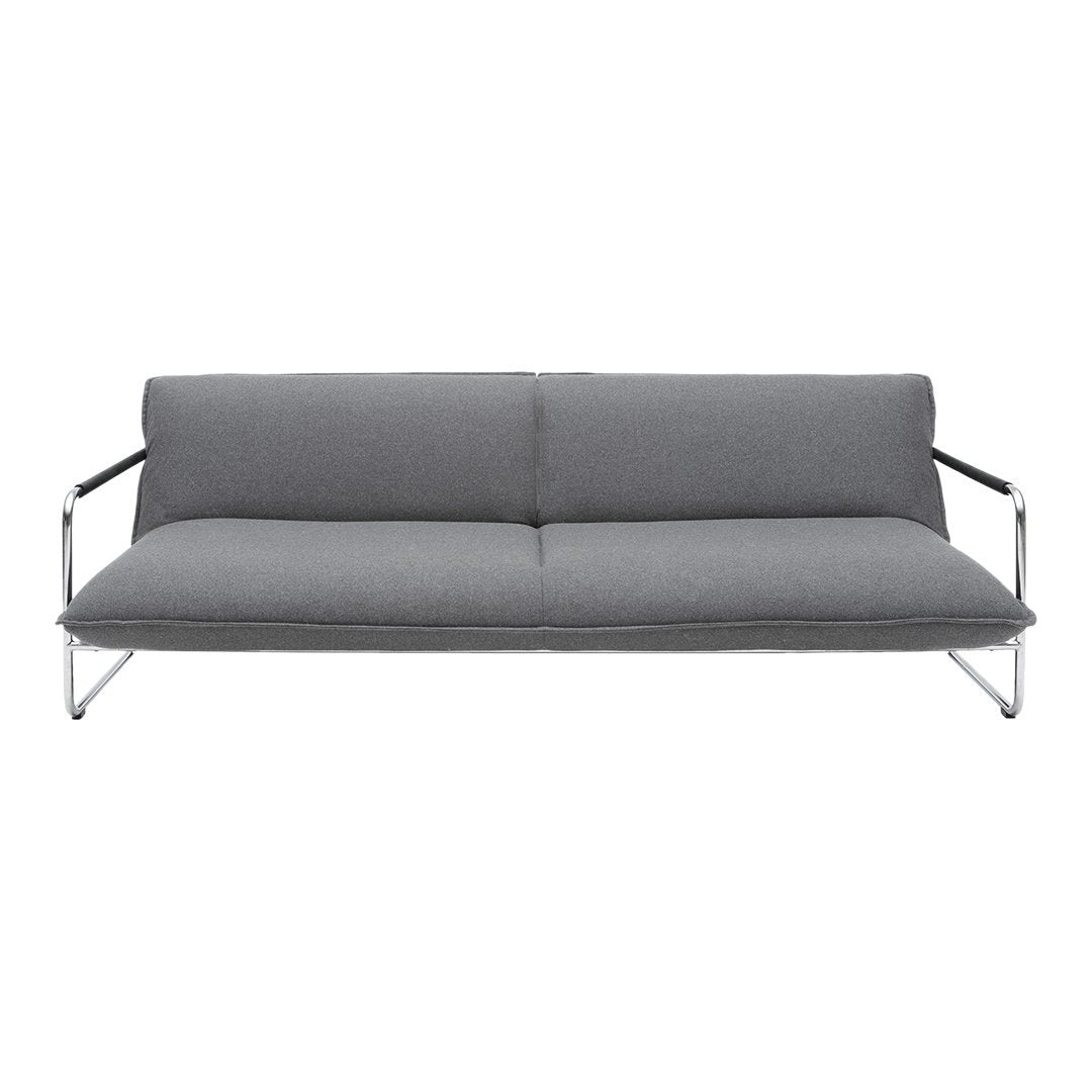Gray fabric sofa with minimalist design and sleek chrome frame, perfect for modern interiors.