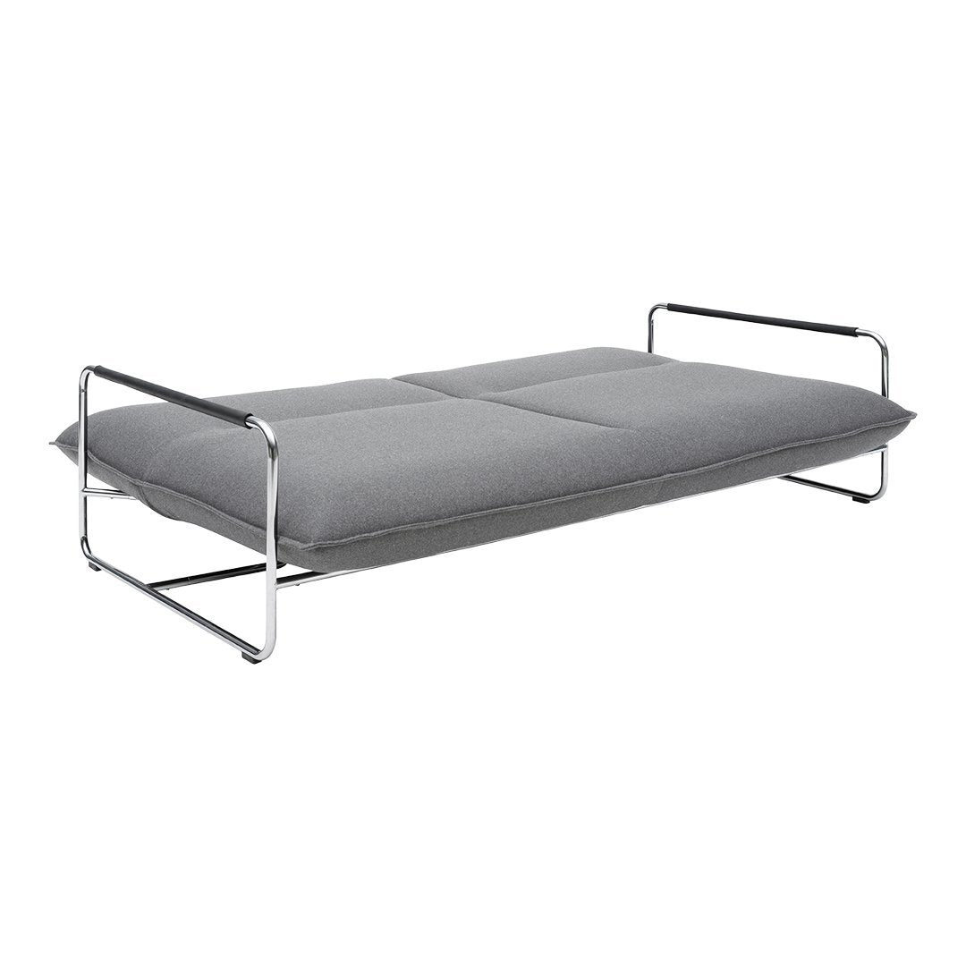 Gray upholstered sofa bed with a minimalist design and chrome accents, featuring a smooth, solid surface.