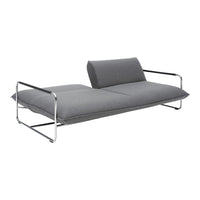 Modern gray sofa with smooth upholstery and sleek chrome legs, featuring a minimalist design and no patterns.