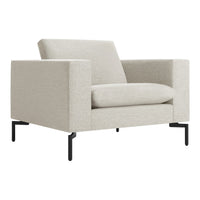 Light beige armchair with a textured fabric pattern and sleek black metal legs. Modern and minimalist design.